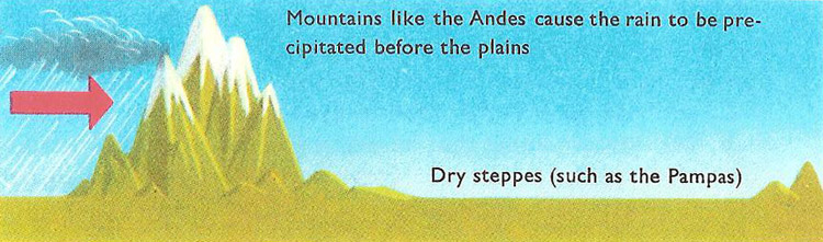 Mountains like the Andes cause the
rain to be precipitated before the plains